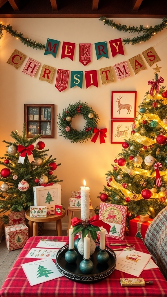 A cozy Christmas decor scene with printable decorations, including banners and gift tags, in a festive living room.